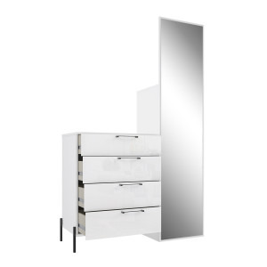 Meuble d'entrée L. 115 cm 4 tiroirs 1 miroir 1 penderie décor blanc laqué et métal noir - JOSH