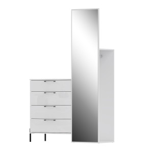 Meuble d'entrée L. 115 cm 4 tiroirs 1 miroir 1 penderie décor blanc laqué et métal noir - JOSH