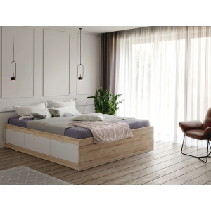 Lit double queen size 160 x 200 cm avec 3 tiroirs de rangement décor chêne naturel et blanc mat - ANGELE