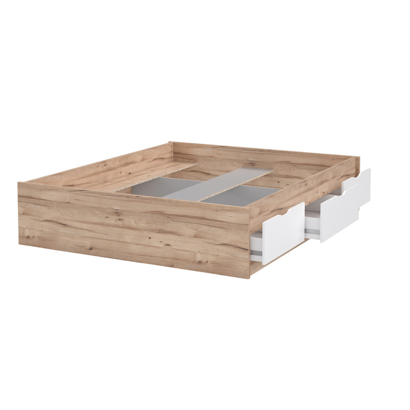Lit double queen size 160 x 200 cm avec 3 tiroirs de rangement décor chêne naturel et blanc mat - ANGELE