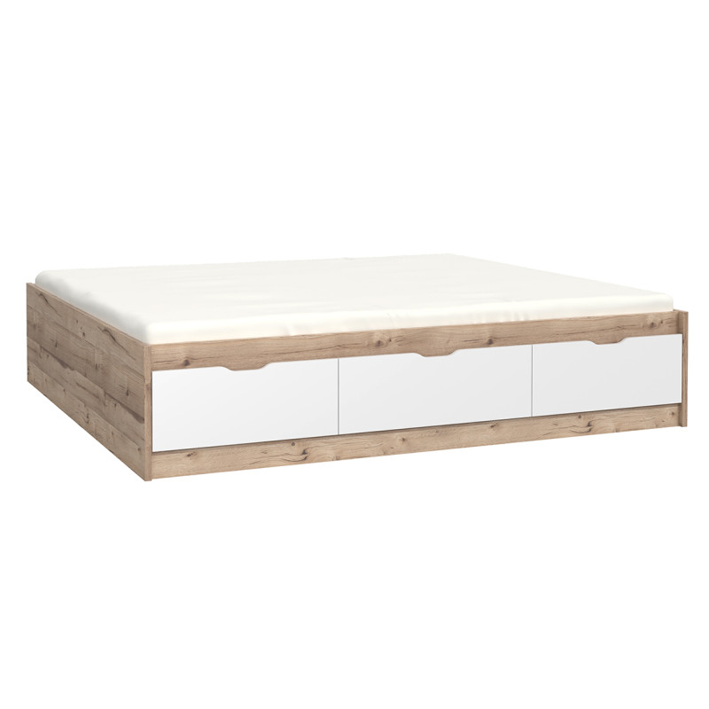 Lit double king size 180 x 200 cm avec 3 tiroirs de rangement décor chêne naturel et blanc mat - ANGELE