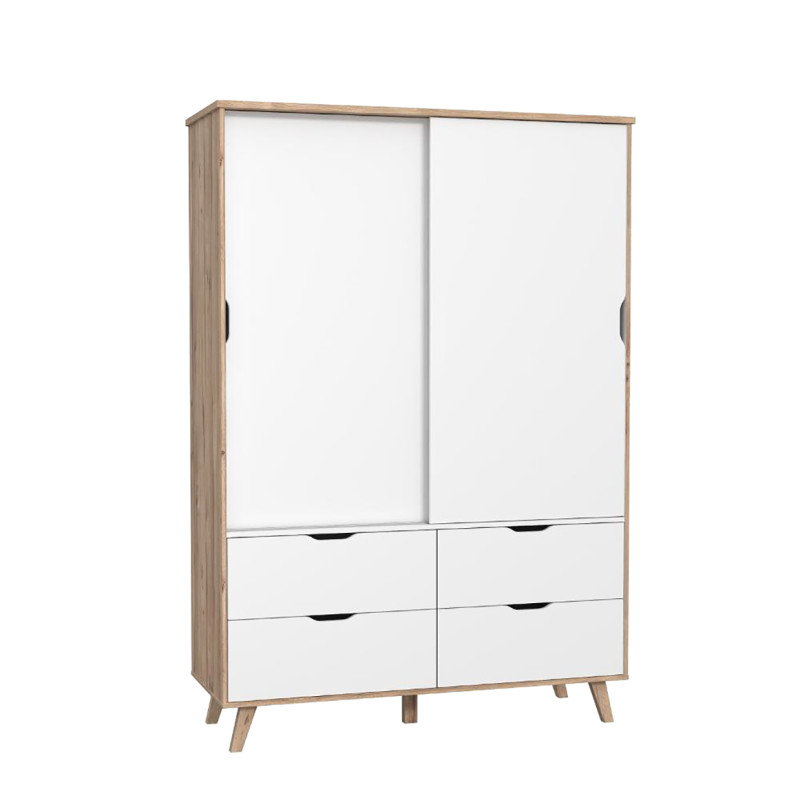 Armoire 2 portes coulissantes 1 penderie 4 tiroirs décor chêne naturel et blanc mat pieds bois massif inclinés - ANGELE