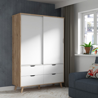 Armoire 2 portes coulissantes 1 penderie 4 tiroirs décor chêne naturel et blanc mat pieds bois massif inclinés - ANGELE