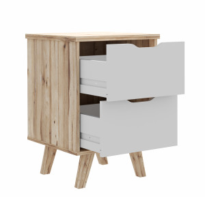 Table de chevet 2 tiroirs décor chêne naturel et blanc mat pieds bois massif inclinés - ANGELE