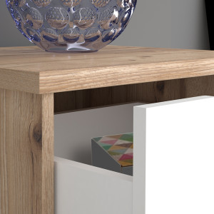 Table de chevet 2 tiroirs décor chêne naturel et blanc mat pieds bois massif inclinés - ANGELE