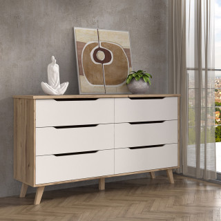 Commode 6 tiroirs de rangement décor chêne naturel et blanc mat pieds bois massif inclinés - ANGELE
