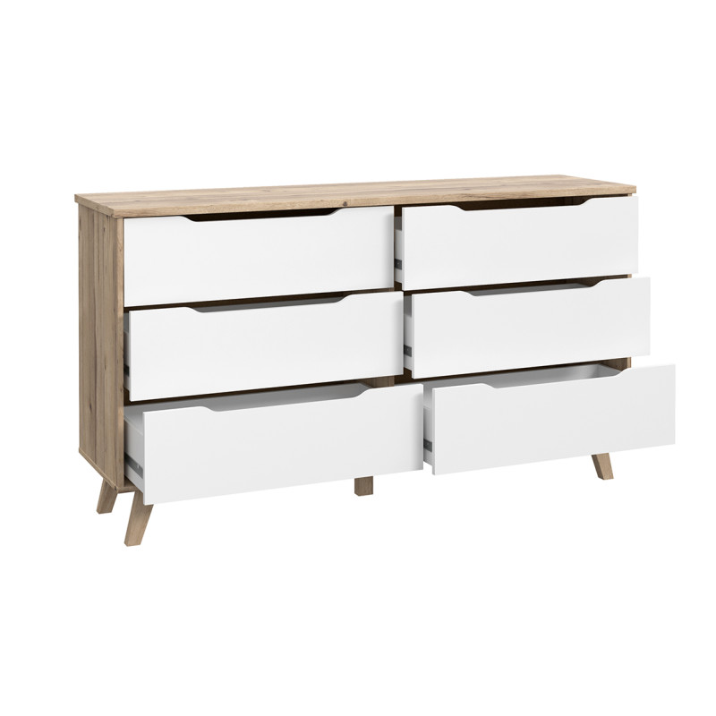 Commode 6 tiroirs de rangement décor chêne naturel et blanc mat pieds bois massif inclinés - ANGELE