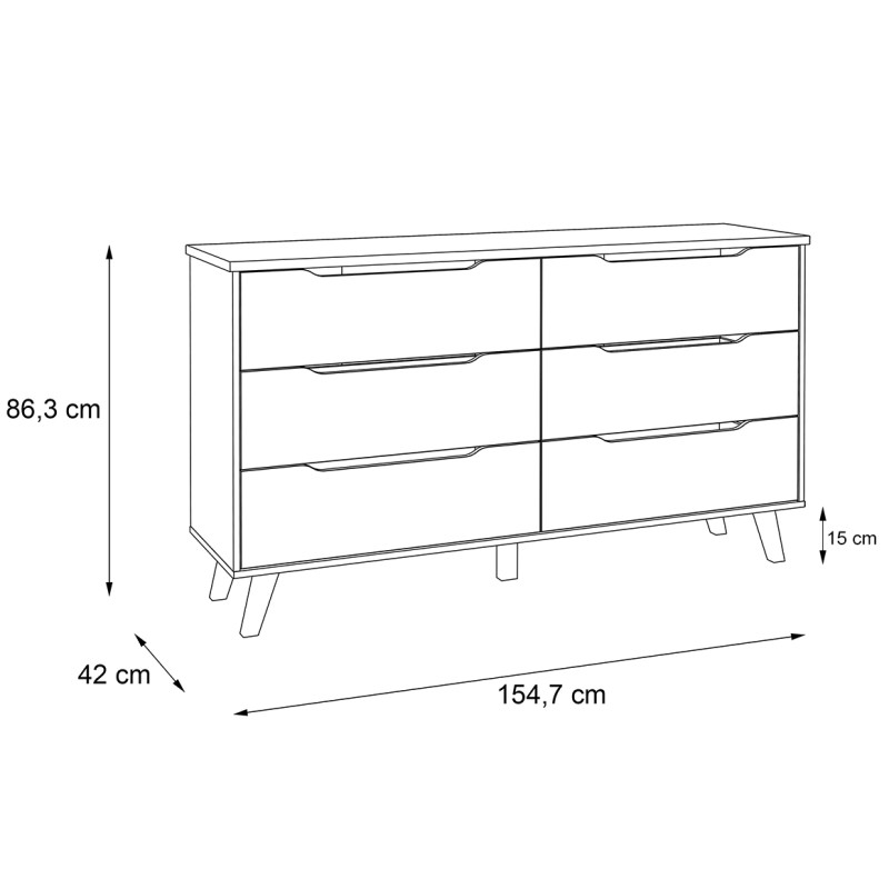 Commode 6 tiroirs de rangement décor chêne naturel et blanc mat pieds bois massif inclinés - ANGELE