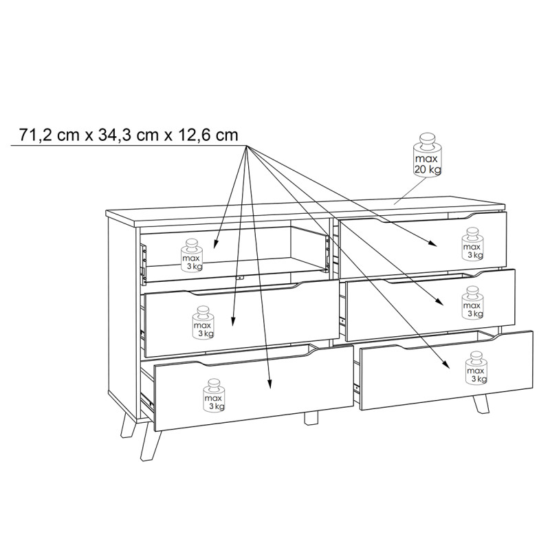 Commode 6 tiroirs de rangement décor chêne naturel et blanc mat pieds bois massif inclinés - ANGELE