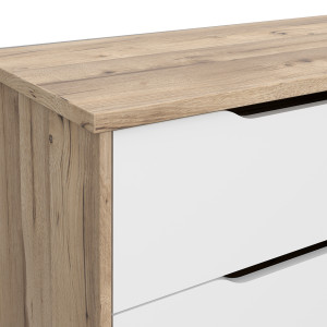 Commode 6 tiroirs de rangement décor chêne naturel et blanc mat pieds bois massif inclinés - ANGELE
