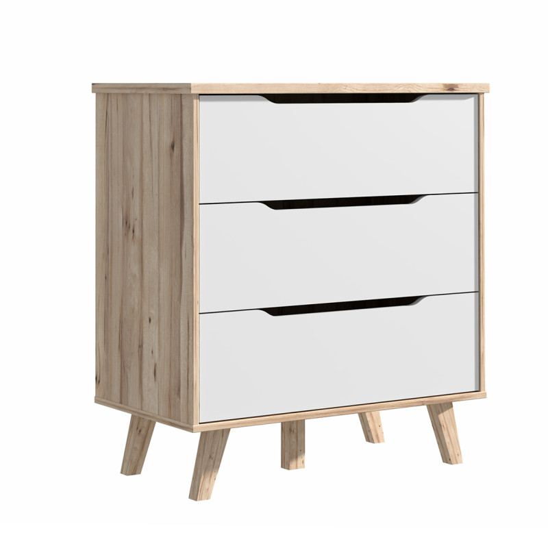 Commode 3 tiroirs de rangement décor chêne naturel et blanc mat pieds bois massif inclinés - ANGELE