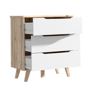 Commode 3 tiroirs de rangement décor chêne naturel et blanc mat pieds bois massif inclinés - ANGELE