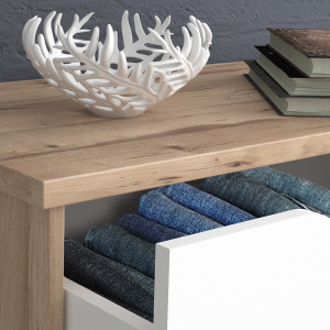 Commode 3 tiroirs de rangement décor chêne naturel et blanc mat pieds bois massif inclinés - ANGELE