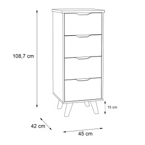 Chiffonnier 4 tiroirs de rangement décor chêne naturel et blanc mat pieds bois massif inclinés - ANGELE