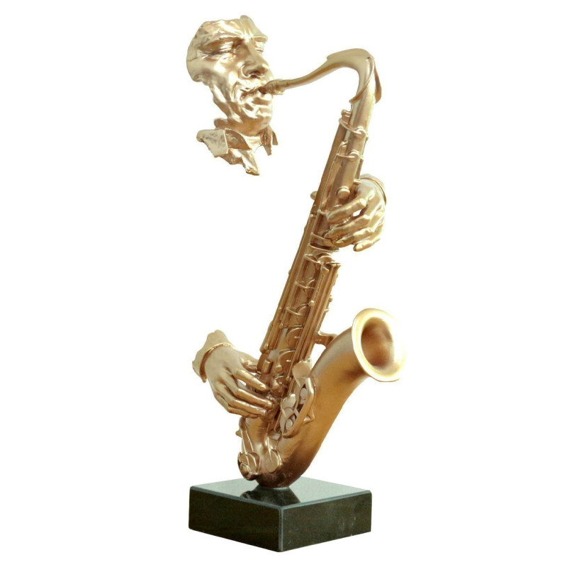 Statue saxophoniste avec saxophone et peinture dorée H62 cm - SONG