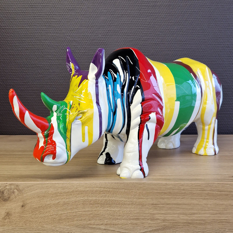 Statue rhinocéros avec coulures multicolores H24 cm - RHINO DRIPS 02