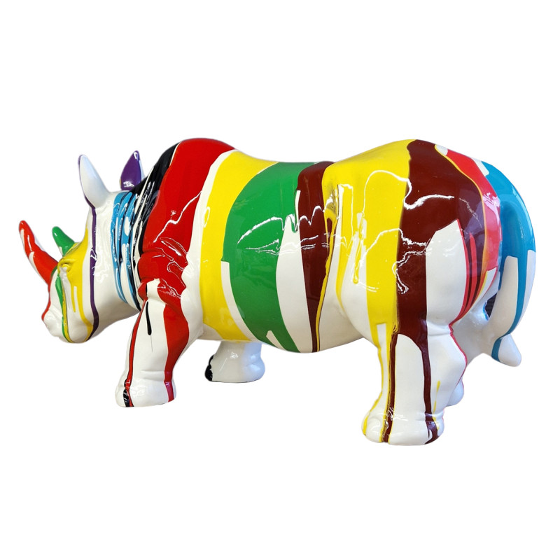 Sculpture Rhinocéros laquée jets d'encre corne orange