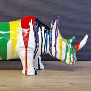 Statue rhinocéros avec coulures multicolores H24 cm - RHINO DRIPS 02