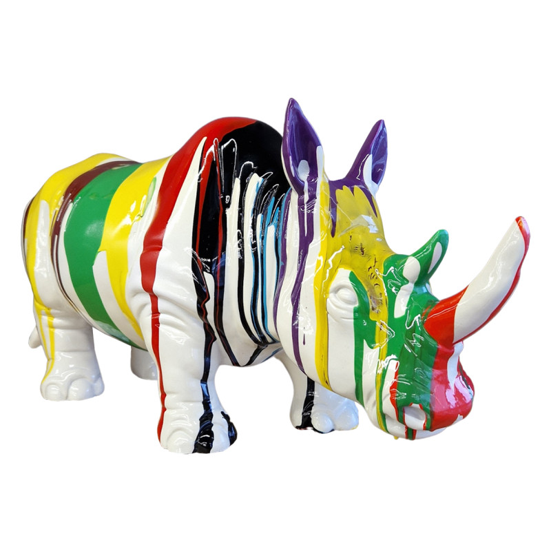 Sculpture Rhinocéros laquée jets d'encre corne orange