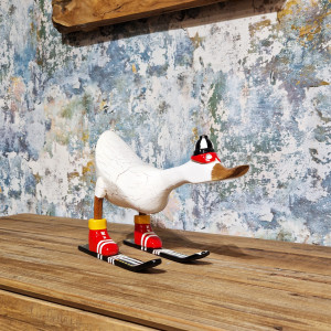 Sculpture canard blanc skieur en bois de teck L29 cm - DUCK SHUSS