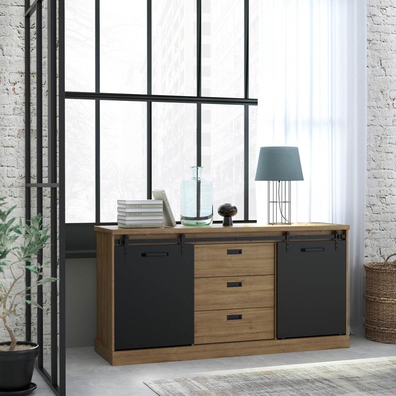 Buffet 174 cm 2 portes coulissantes 3 tiroirs décor chêne et noir mat - FARM