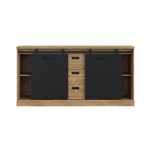 Buffet 174 cm 2 portes coulissantes 3 tiroirs décor chêne et noir mat - FARM
