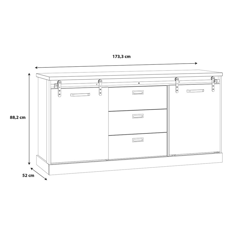 Buffet 174 cm 2 portes coulissantes 3 tiroirs décor chêne et noir mat - FARM
