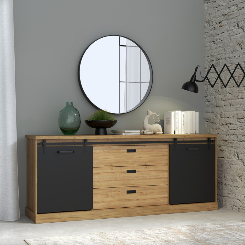 Buffet 214 cm 2 portes coulissantes 3 tiroirs décor chêne et noir mat - FARM