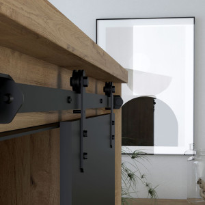 Buffet haut 1 porte coulissante 3 tiroirs décor chêne et noir mat éclairage LED - FARM