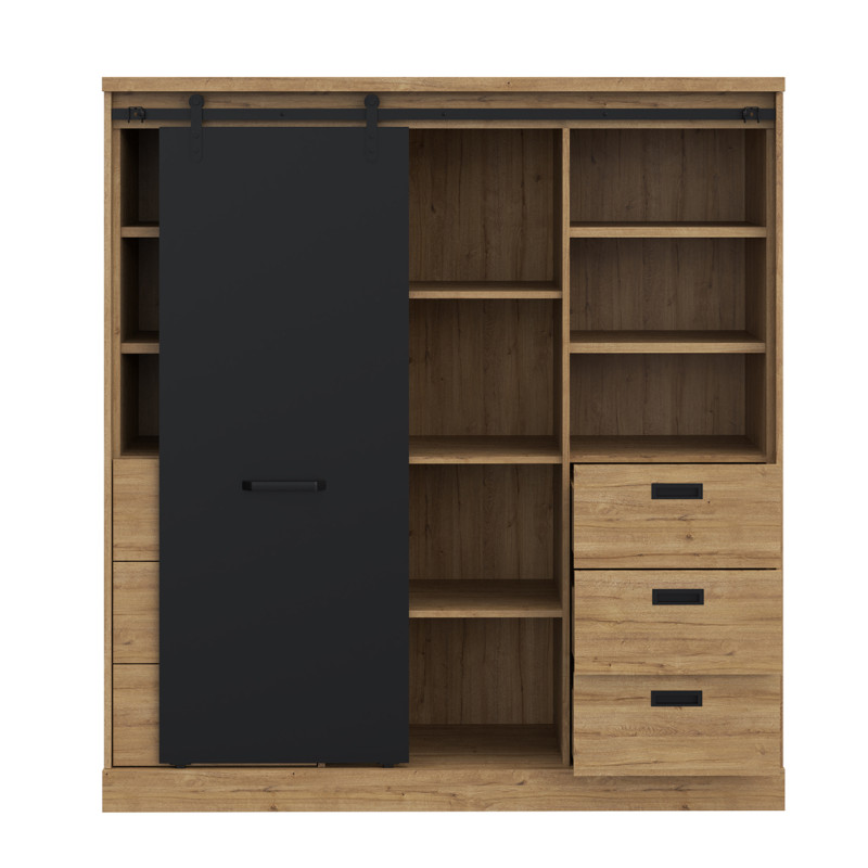 Vaisselier 1 porte coulissante 6 tiroirs décor chêne et noir mat éclairage LED - FARM