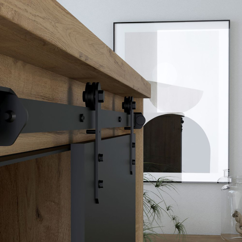 Vaisselier 1 porte coulissante 6 tiroirs décor chêne et noir mat éclairage LED - FARM