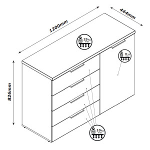 Commode 4 tiroirs 1 porte décor blanc laqué / chêne texturé - VERONICA