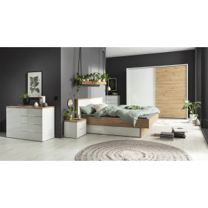 Commode 4 tiroirs 1 porte décor blanc laqué / chêne texturé - VERONICA