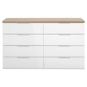 Commode 8 tiroirs décor blanc laqué et chêne texturé - VERONICA