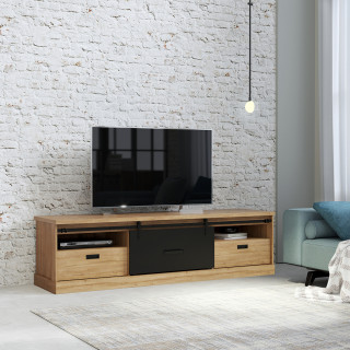 Meuble TV 2 tiroirs 1 porte coulissante décor chêne et noir mat rail métal noir - FARM