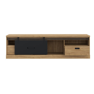 Meuble TV 2 tiroirs 1 porte coulissante décor chêne et noir mat rail métal noir - FARM