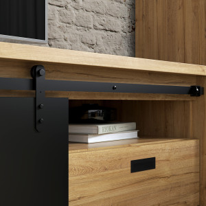Meuble TV 2 tiroirs 1 porte coulissante décor chêne et noir mat rail métal noir - FARM