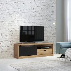 Meuble TV 1 tiroir 1 porte coulissante décor chêne et noir mat rail métal noir - FARM