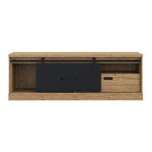 Meuble TV 1 tiroir 1 porte coulissante décor chêne et noir mat rail métal noir - FARM