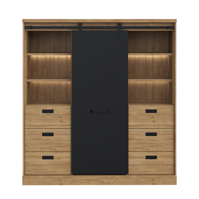 Vaisselier 1 porte coulissante 6 tiroirs décor chêne et noir mat éclairage LED - FARM
