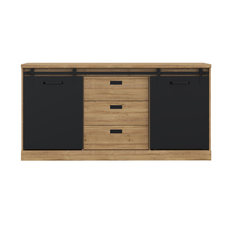 Buffet 174 cm 2 portes coulissantes 3 tiroirs décor chêne noir - FARM