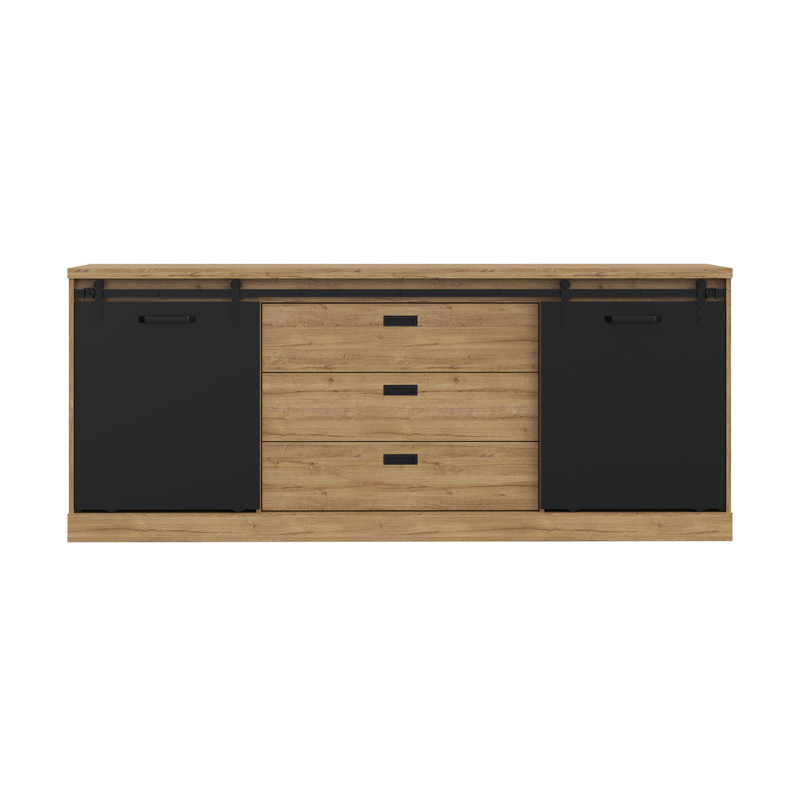 Buffet 214 cm 2 portes coulissantes 3 tiroirs décor chêne noir - FARM