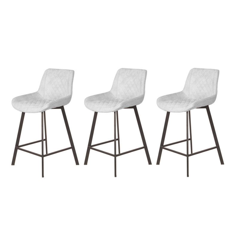 Lot de 3 tabourets tissu gris clair doux avec piétement métal - MANHATTAN