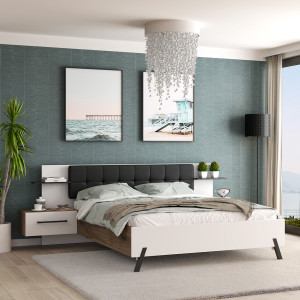 Lit 160 x 200 cm décor blanc et bois foncé chevet intégrés tête de lit tissu noir et hauteur sommier réglable - MONA