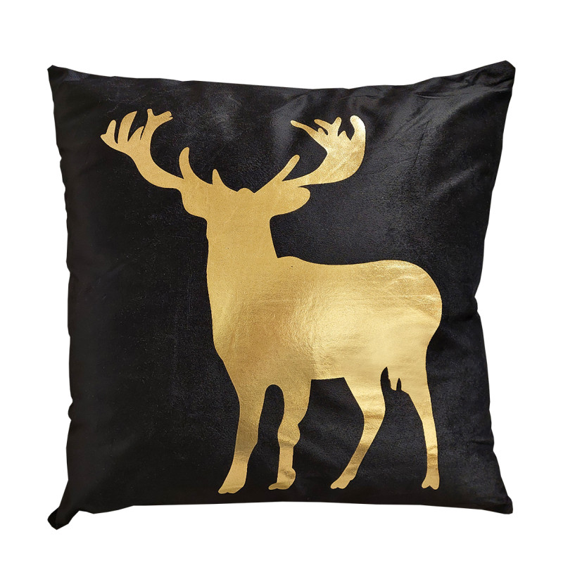 Lot de 2 coussins carrés 45 cm en tissu velours noir déhoussable imprimé animal - Cerf doré
