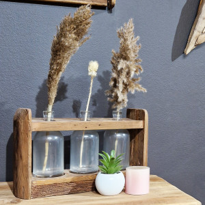 Décoration support en pin recyclé avec 3 vases en verre 39 x 13 x 25 cm - Style montagnard - Collection Chalet