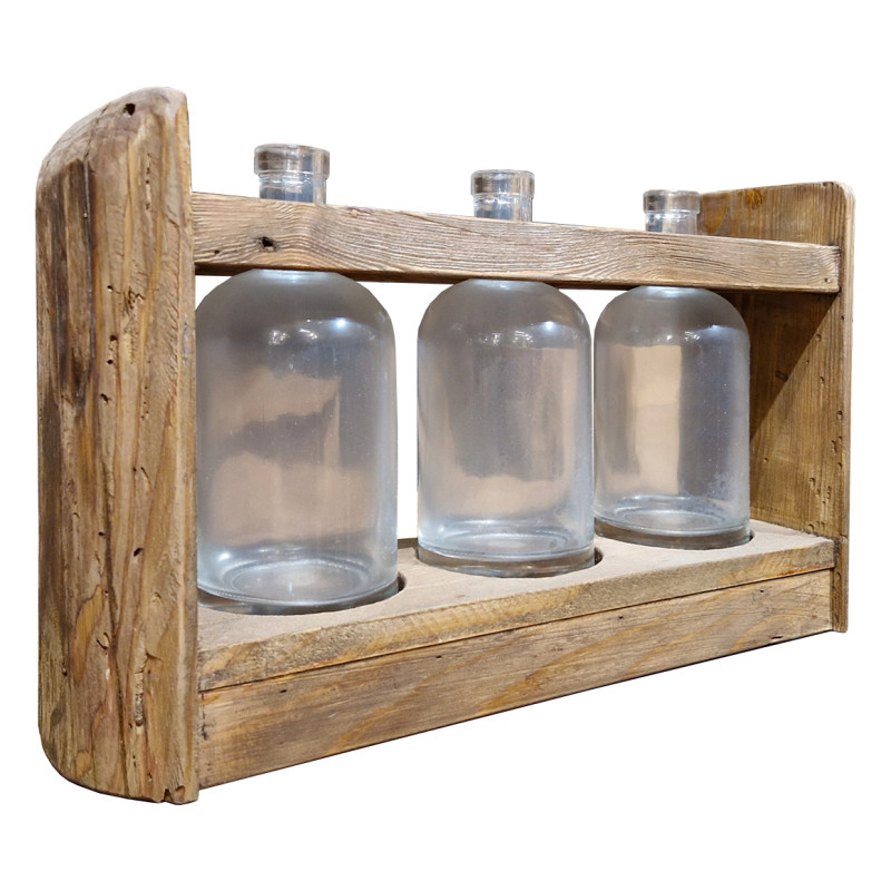 Décoration support en pin recyclé avec 3 vases en verre 39 x 13 x 25 cm - Style montagnard - Collection Chalet