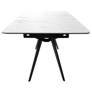 Table de repas extensible 130/170 cm plateau en céramique blanc marbré et pieds évasés en métal noir - LAUREL
