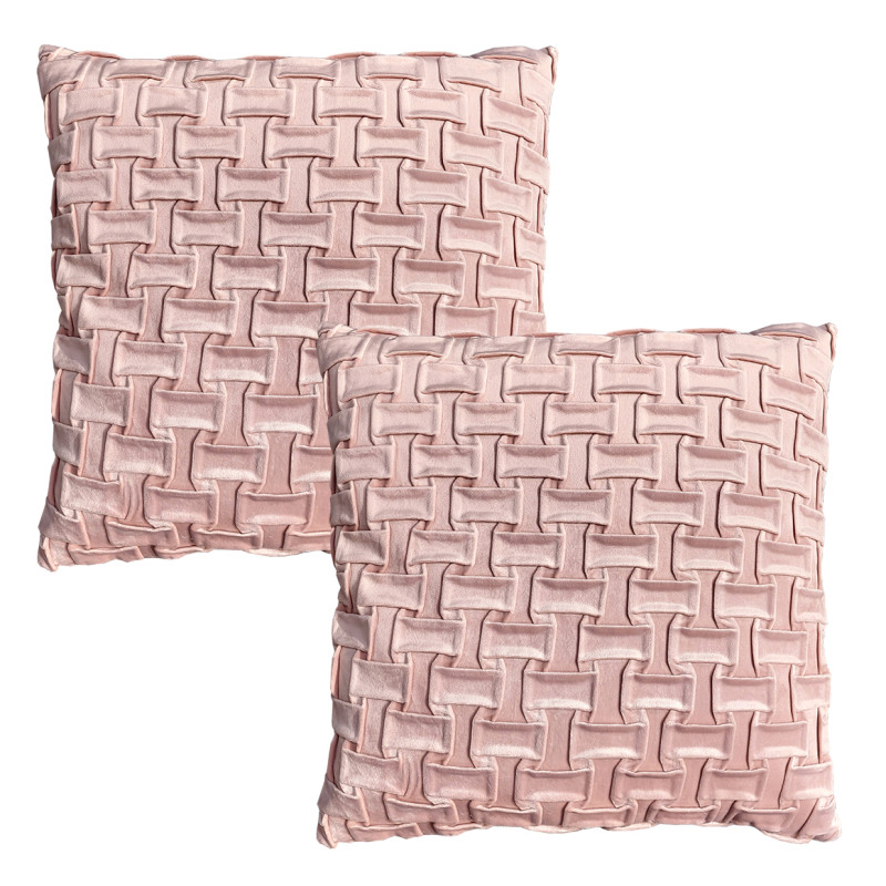 Lot de 2 coussins carrés 45 x 45 cm en velours rose et plis formes géométriques déhoussable - décoration salon - ROSIE