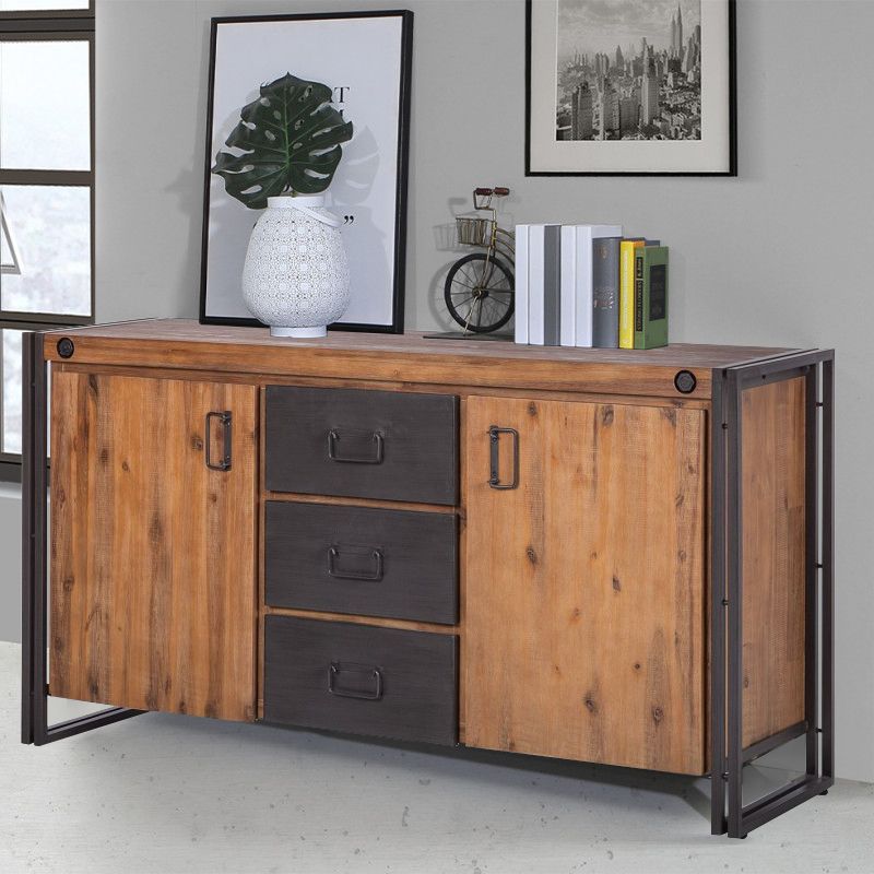 Buffet bois massif & métal 180cm – WORKSHOP